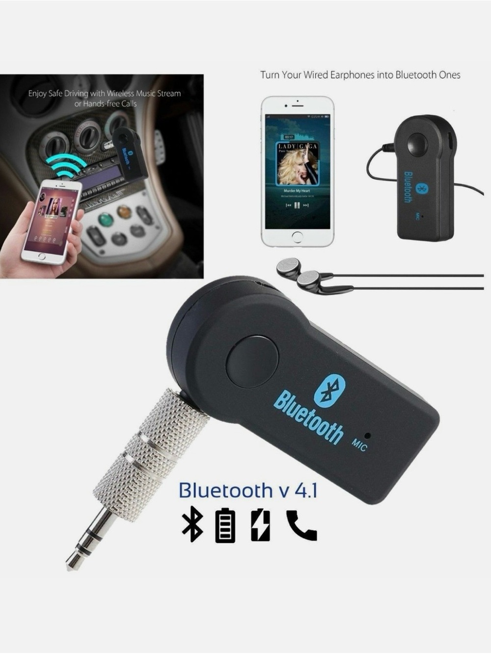 Bluetooth 4.1 Wireless Audio Adapter for 3.5mm Headphones - Black